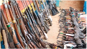 A cache of firearms displayed at  Baragoi Police Station in Samburu County, Kenya on April 14, 2023