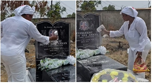 Gospel musician, Empress Gifty, seen sprinkling powder on her mother's grave