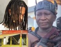 collage of guy wearing dreadlock, lotto kiosk and Denkyira Amoafo Chief (R)