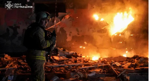 Firefighters battled a blaze in Poltava, where two people were killed overnight