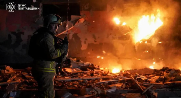 Firefighters battled a blaze in Poltava, where two people were killed overnight
