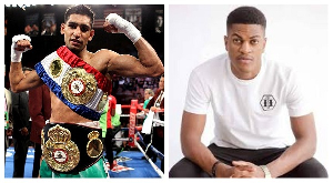 Former British boxer Amir Khan (L) and Sharaf Mahama (R)