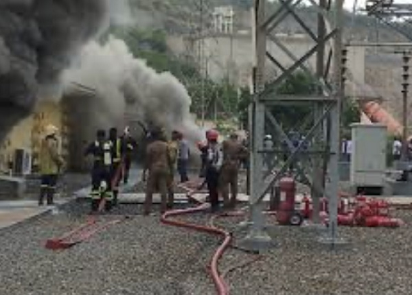 Firefighters attending to substation fire