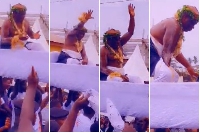 The Elmina Chief is seen displaying different dance moves in his palanquin