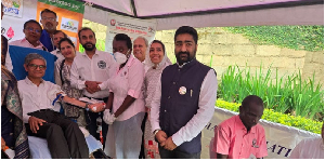 The Indian High Commissioner to Uganda, Mr Sing Rawat donating blood in Kampala on Thursday.