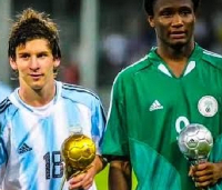 L-R Lionel Messi and Mikel Obi