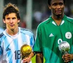 L-R Lionel Messi and Mikel Obi