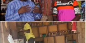 The picture shows when the shop was given to her and its state after three years