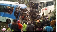 The wreckage of two buses involved in an accident in Ntumgamo District