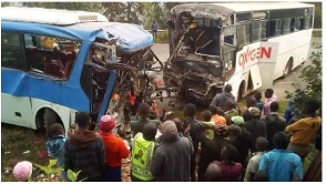 The wreckage of two buses involved in an accident in Ntumgamo District