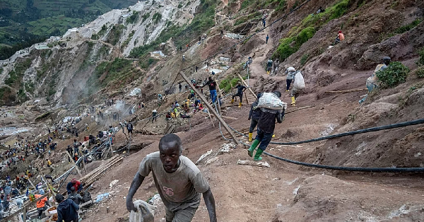 Miners work at the D4 Gakombe coltan mining quarry in Rubaya, DRC, May 9, 2025