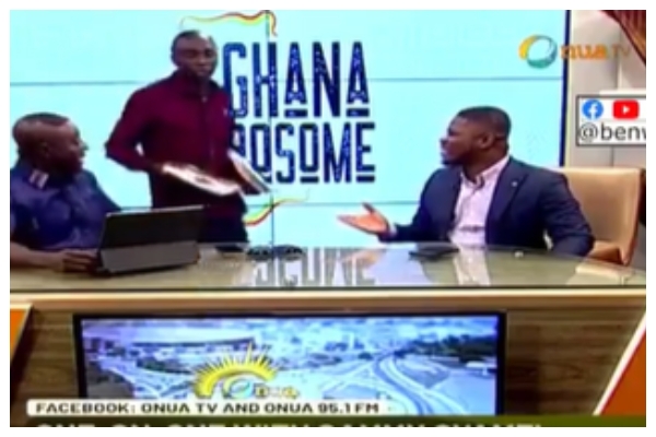 Host Captain Smart looks on as Owusu-Bempah joins set with Sammy Gyamfi as sole guest