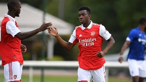 Arsenal striker, Eddie Nketiah celebrating with Nicholas Pepe