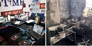 Studios of Time FM and charred building