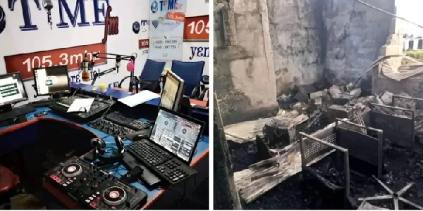 Studios of Time FM and charred building