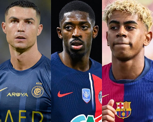 Cristiano Ronaldo(L) believes Dembele (M) deserves Ballon d'Or award over Lamine Yamal (R)