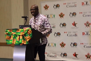 Akwasi Awua Ababio delivering his address during the launching in Toronto