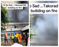 A screenshot from the video showing the building burning