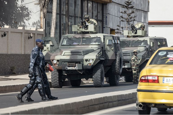 Members of the Senegalese armed forces patrol the streets in Dakar, on June 2, 2023