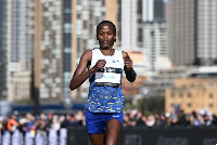 Brigid Kosgei of Kenya crosses the finish line in second place in the women's 2025 Sydney Marathon