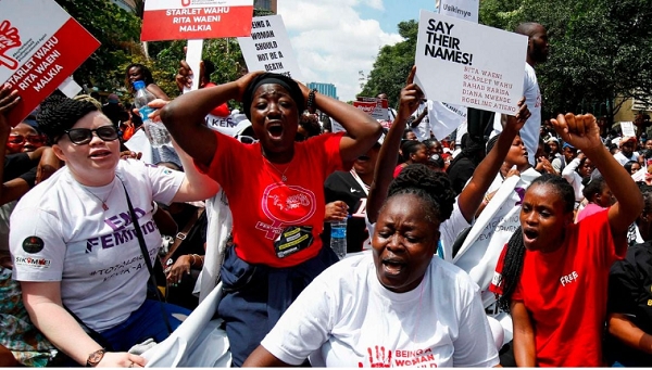 Human rights activists protest demanding an end to femicides in Nairobi, Kenya on January 27, 2024