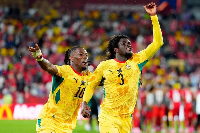 Brandon Thomas-Asante (L) and Caleb Yirenkyi celebrating Ghana's goal against Panama