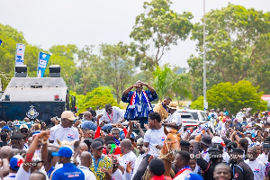 A scene from the arrival of Kenndy Agyapong (in blue smock) at the NPP Delegates Conference
