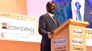 Azimio Leader Raila Odinga addresses delegates during the Biennial Devolution Conference