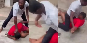 The teacher is seen repeatedly striking the female student before lifting and throwing her The teacher is seen repeatedly striking the female student before lifting and throwing her
