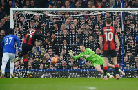 Semenyo converting a penalty against Everton