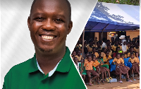 Photo collage of MP for Akatsi South Constituency, Bernard Ahiafor and school children