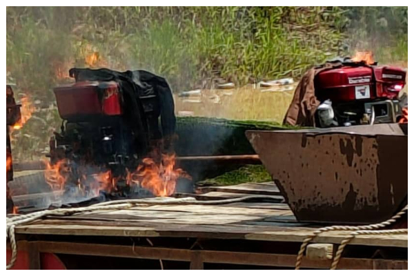 The illegal mining equipment at the Afapire community being burnt