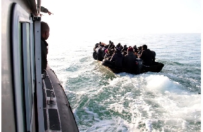 Migrants and refugees are stopped by the Tunisian Maritime National Guard at sea near Sfax