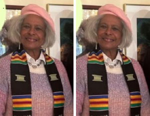 Mrs Pamela Bridgewater honoured with a prestigious, custom-woven, symbolic Kente cloth