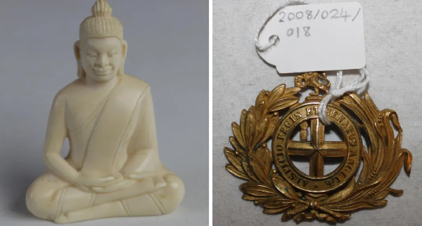 A carved ivory Buddha and a belt buckle from the East India Company uniform were among items taken