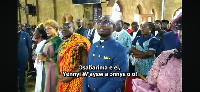 Former Minister of Finance Ken Ofori-Atta (in Kente cloth) at the Wesley Cathedral in Accra