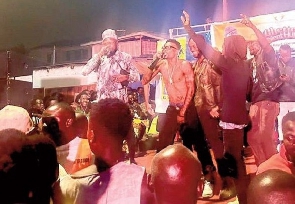 Vanisher (bare-chested) during his electrifying performance at the Ghetto Talent Hunt