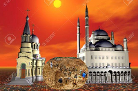 Photo of a mosque and inserted image of a galamsey site