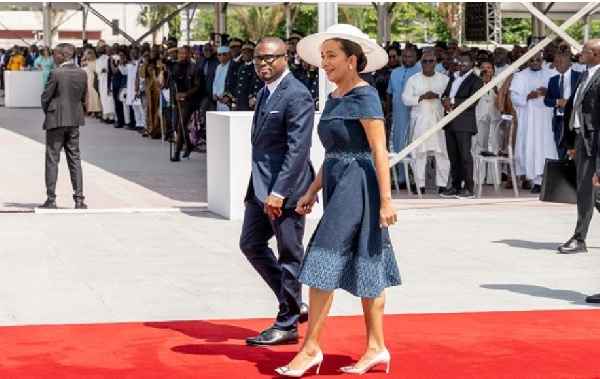 President-elect Romuald Wadagni, and First Lady Nathalie Villette-Wadagni arrive for inauguration