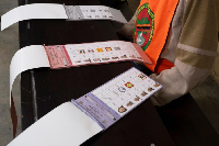 Ballot papers are seen at a polling station during a presidential election in Lusaka