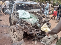 The remains of the Pontiac Vibe private car involved in an accident on the Akroso-Asamankese road