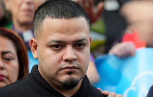 Kilmar Abrego Garcia joins supporters in a protest rally outside the Immigration and Customs office