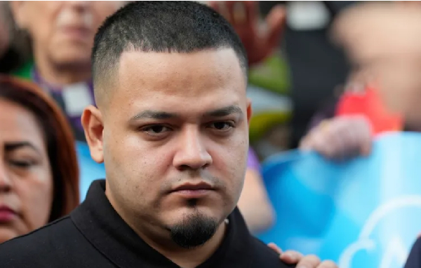 Kilmar Abrego Garcia joins supporters in a protest rally outside the Immigration and Customs office