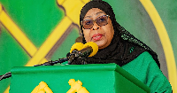 Tanzania's President Samia Suluhu Hassan delivers remarks during a campaign rally