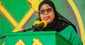 Tanzania's President Samia Suluhu Hassan delivers remarks during a campaign rally