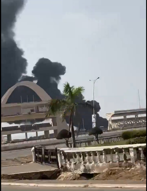 Thick smoke coming from the Black Star Square from alleged burning of plastic chairs