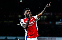 Thomas Partey celebrating his goal against Nottingham Forest