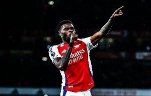 Thomas Partey celebrating his goal against Nottingham Forest