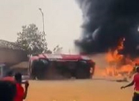 A screenshot showing the fire service truck overturning at the scene of the fire outbreak.