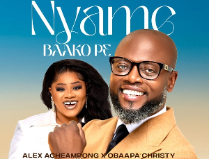 Obaapa Christy (in white suit) and Alex Acheampong in (brown suit) on cover art for 'Nyame baako pɛ'